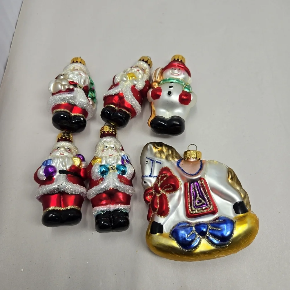 Treasure Glass Christmas Ornaments Quantity #6  Santas 4 Snowman Rocking Horse
